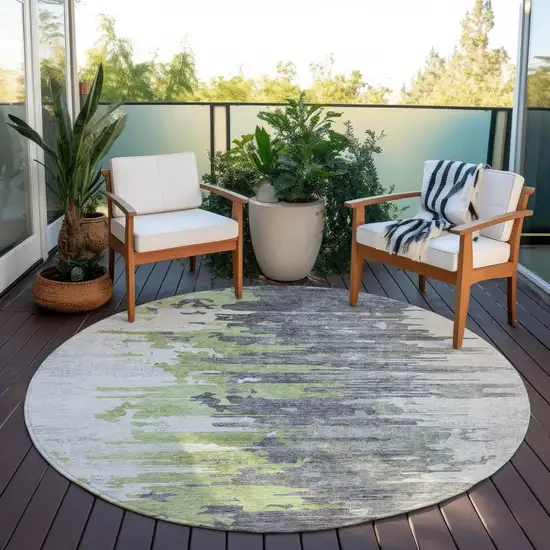 8' Green And Silver Round Abstract Washable Indoor Outdoor Area Rug Photo 6