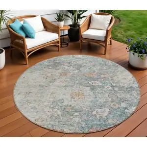 Photo of 8' Green Blue And Gray Round Oriental Washable Indoor Outdoor Area Rug