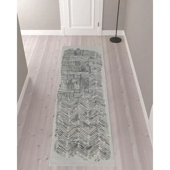 10' Green Blue And Ivory Abstract Hand Woven Runner Rug Photo 2