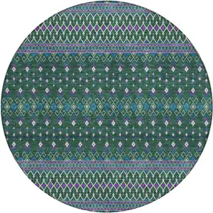 Photo of 8' Green Blue And Purple Round Tribal Washable Indoor Outdoor Area Rug