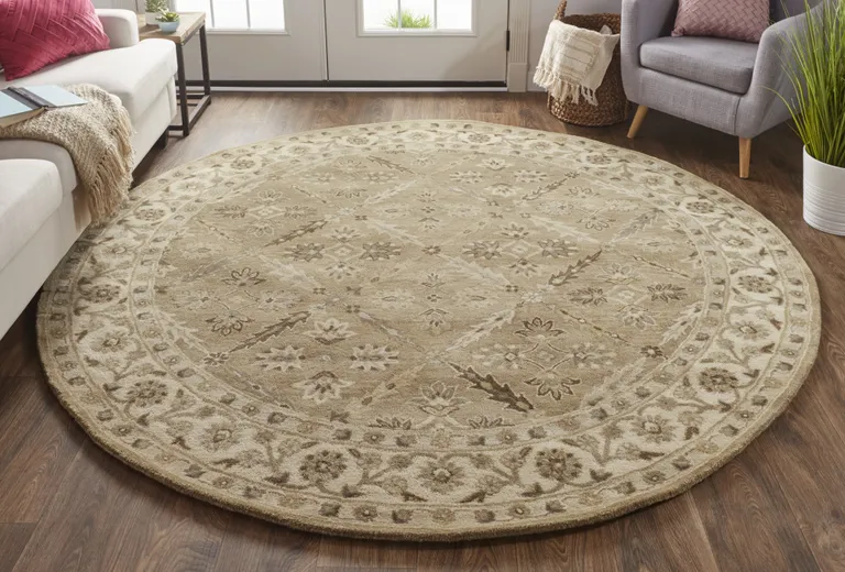 8' Green Brown And Taupe Round Wool Paisley Tufted Handmade Stain Resistant Area Rug Photo 4