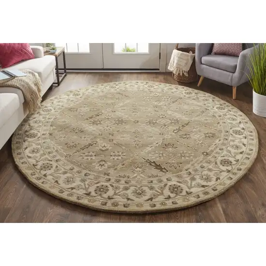 8' Green Brown And Taupe Round Wool Paisley Tufted Handmade Stain Resistant Area Rug Photo 4