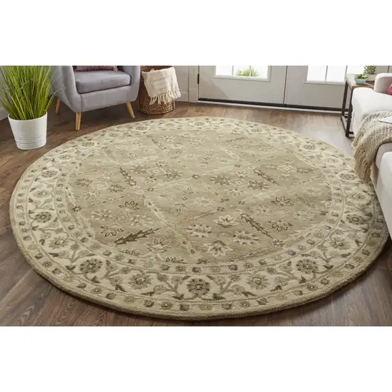 8' Green Brown And Taupe Round Wool Paisley Tufted Handmade Stain Resistant Area Rug Photo 3