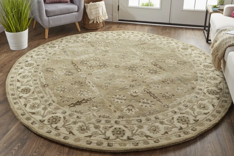 8' Green Brown And Taupe Round Wool Paisley Tufted Handmade Stain Resistant Area Rug Photo 3