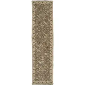 Photo of 10' Green Brown And Taupe Wool Paisley Tufted Handmade Stain Resistant Runner Rug