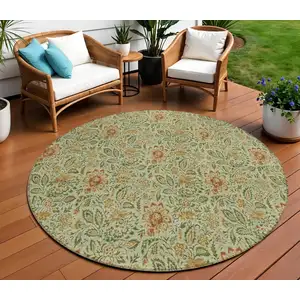 Photo of 8' Green Copper And Sage Round Floral Washable Indoor Outdoor Area Rug