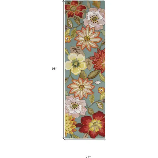 8' Green Floral Hand Hooked Handmade Runner Rug Photo 8