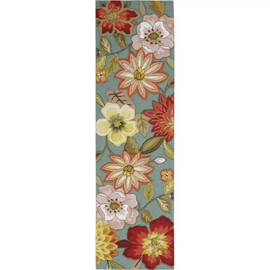 8' Green Floral Hand Hooked Handmade Runner Rug Photo 1