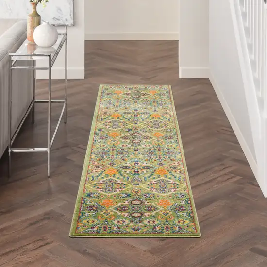 8' Green Floral Power Loom Runner Rug Photo 7