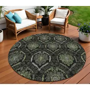 Photo of 8' Green Gray And Charcoal Round Medallion Washable Indoor Outdoor Area Rug