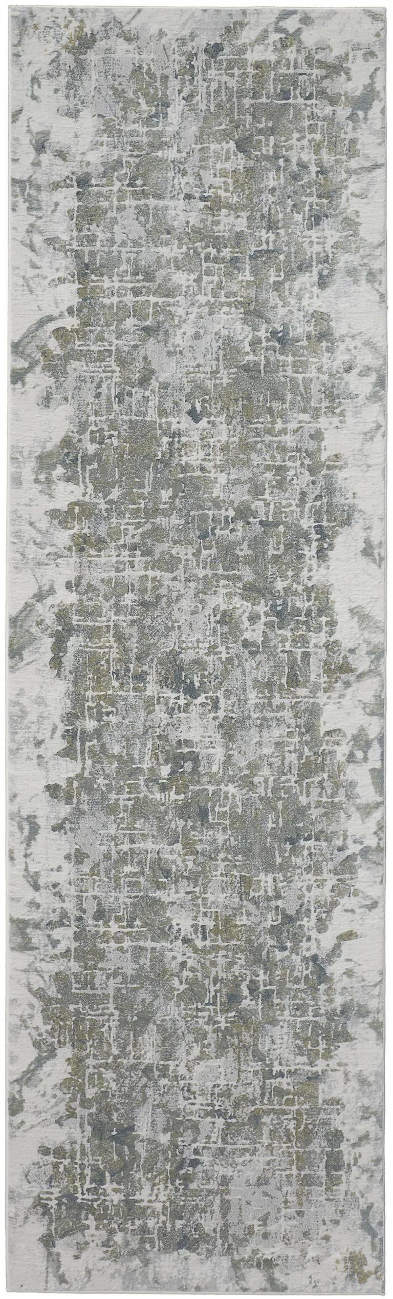 10' Green Gray And Ivory Abstract Distressed Stain Resistant Runner Rug Photo 1