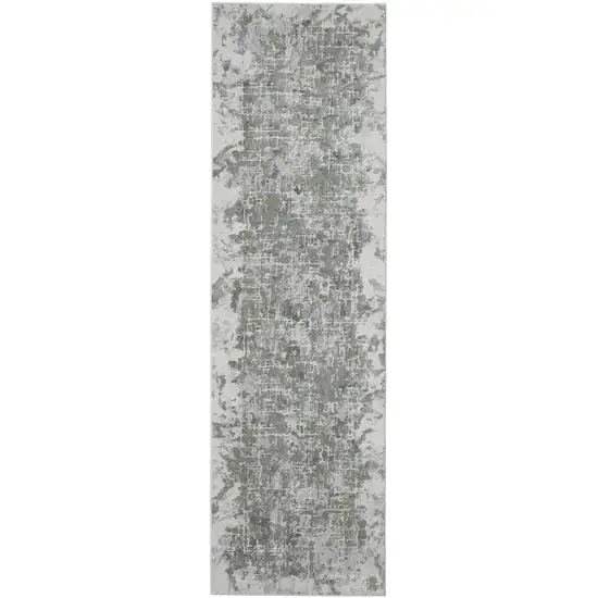 10' Green Gray And Ivory Abstract Distressed Stain Resistant Runner Rug Photo 1