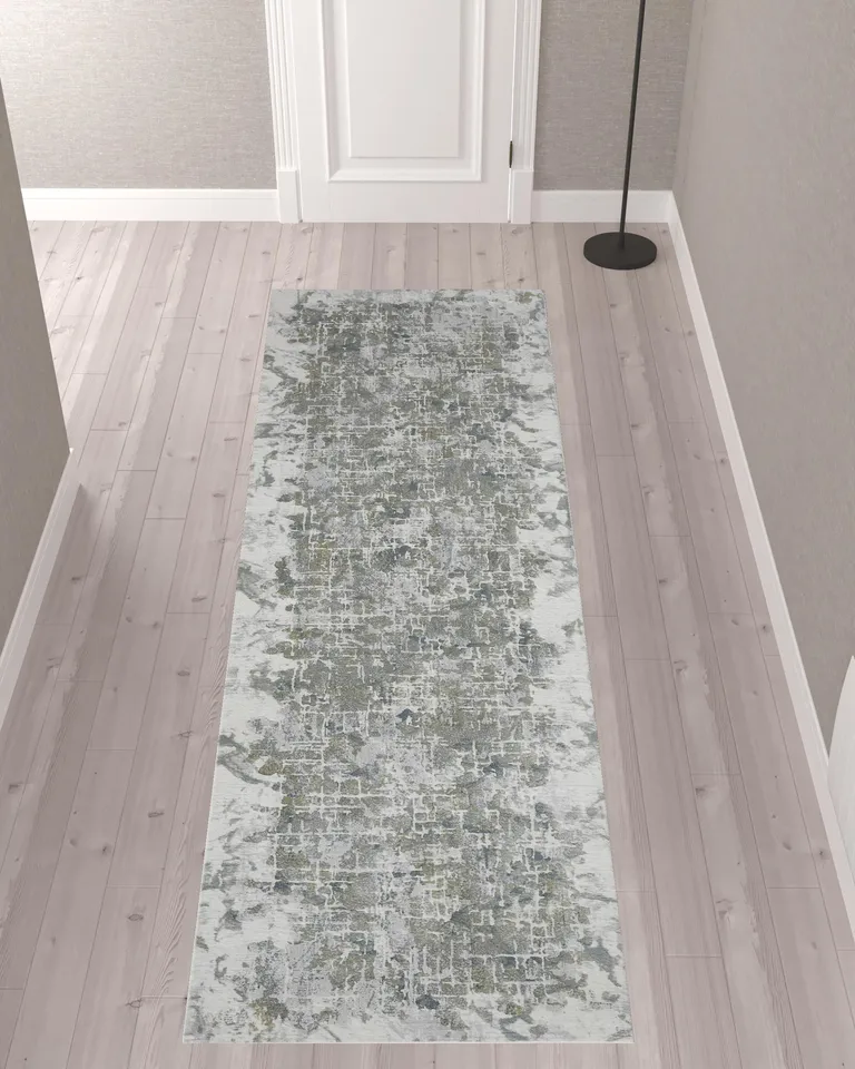 10' Green Gray And Ivory Abstract Distressed Stain Resistant Runner Rug Photo 2