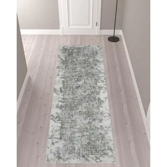 10' Green Gray And Ivory Abstract Distressed Stain Resistant Runner Rug Photo 2