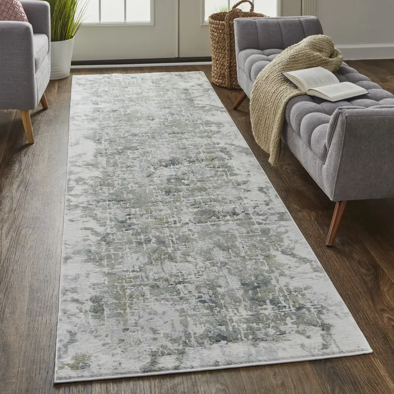 10' Green Gray And Ivory Abstract Distressed Stain Resistant Runner Rug Photo 5