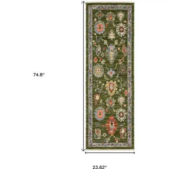 6' Green Gray And Light Blue Oriental Runner Rug With Fringe Photo 3