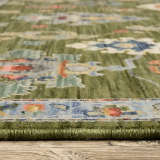 6' Green Gray And Light Blue Oriental Runner Rug With Fringe Photo 7