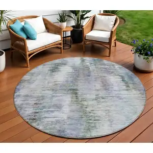 Photo of 8' Green Gray And Purple Round Abstract Washable Indoor Outdoor Area Rug