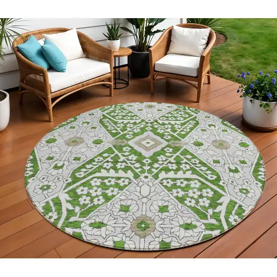 8' Green Gray And Taupe Round Floral Washable Indoor Outdoor Area Rug Photo 1