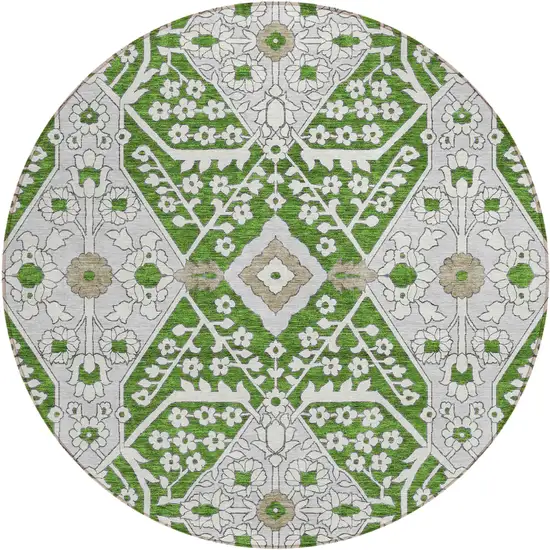 8' Green Gray And Taupe Round Floral Washable Indoor Outdoor Area Rug Photo 2