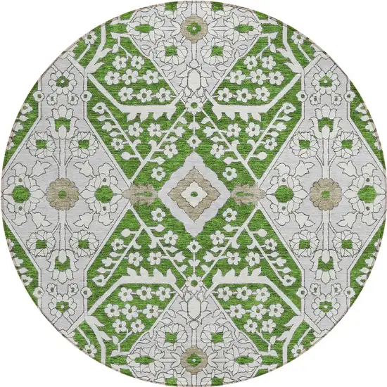 8' Green Gray And Taupe Round Floral Washable Indoor Outdoor Area Rug Photo 6