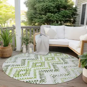 Photo of 8' Green Ivory And Gray Round Geometric Washable Indoor Outdoor Area Rug