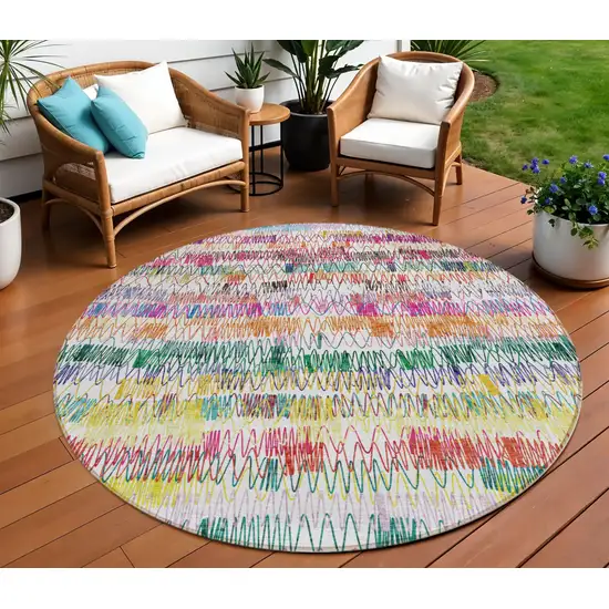 8' Green Ivory And Purple Round Striped Washable Indoor Outdoor Area Rug Photo 1