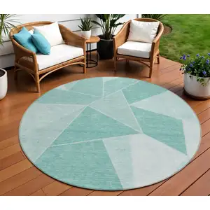 Photo of 8' Green Mint Green And Aqua Round Geometric Washable Indoor Outdoor Area Rug