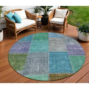 Photo of 8' Green Navy Blue And Gray Round Patchwork Washable Indoor Outdoor Area Rug