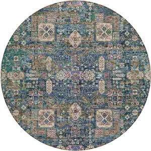 Photo of 8' Green Navy Blue And Ivory Round Oriental Washable Indoor Outdoor Area Rug