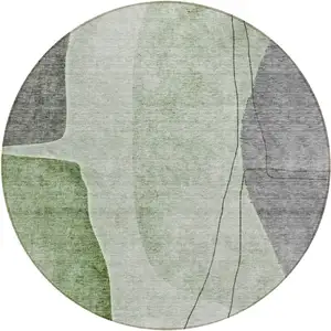 Photo of 8' Green Olive Green And Gray Round Abstract Washable Indoor Outdoor Area Rug