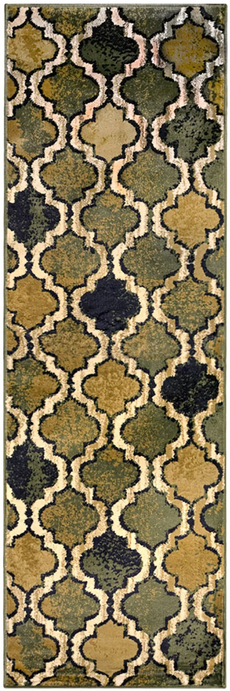 8' Green Quatrefoil Power Loom Distressed Stain Resistant Runner Rug Photo 1