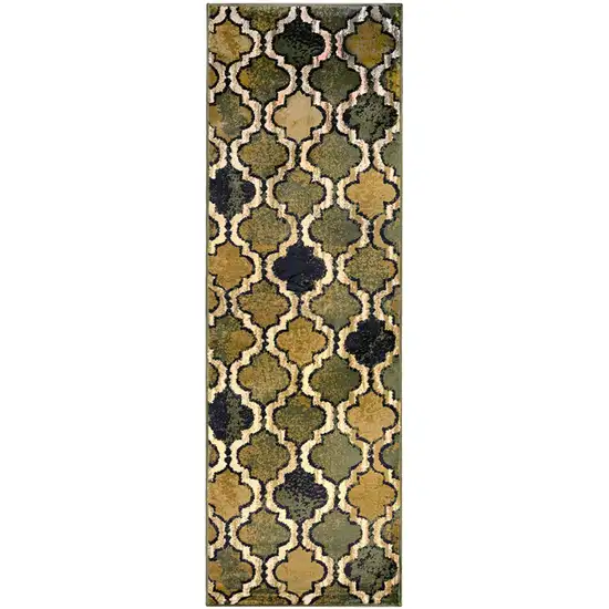 8' Green Quatrefoil Power Loom Distressed Stain Resistant Runner Rug Photo 1