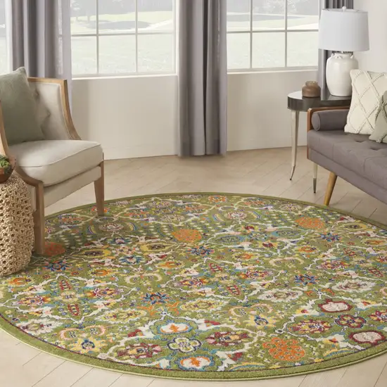 8' Green Round Floral Power Loom Area Rug Photo 8