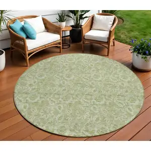 Photo of 8' Green Round Floral Washable Indoor Outdoor Area Rug