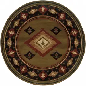 Photo of 8' Green Round Southwestern Power Loom Stain Resistant Area Rug