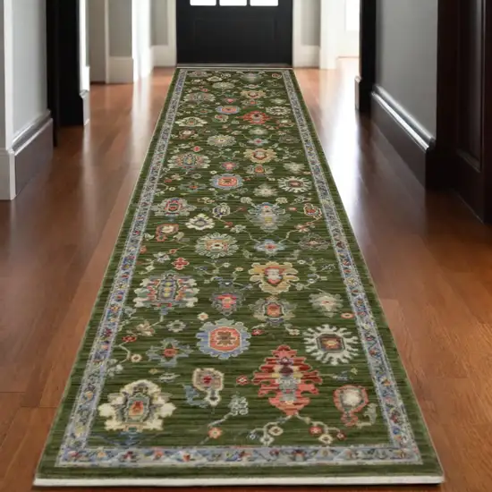 12' Green Yellow And Ivory Oriental Runner Rug With Fringe Photo 1