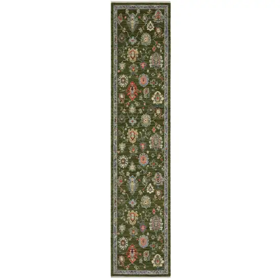 12' Green Yellow And Ivory Oriental Runner Rug With Fringe Photo 5