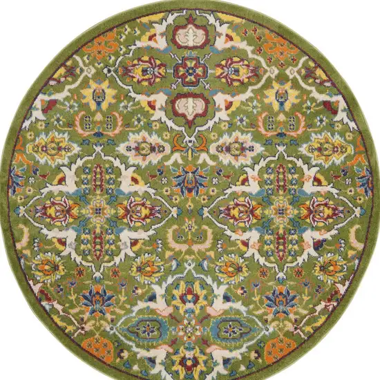 4' Green Yellow Blue and Red Round Floral Power Loom Area Rug Photo 9