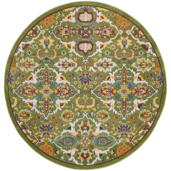 4' Green Yellow Blue and Red Round Floral Power Loom Area Rug Photo 2