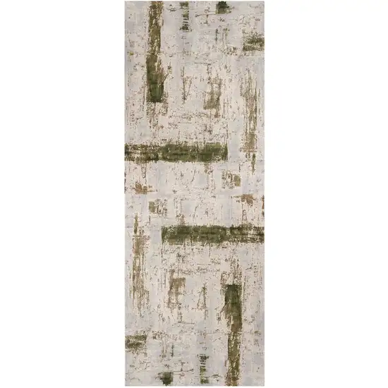 10' Green and Ivory Abstract Power Loom Distressed Runner Rug Photo 1