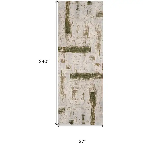 20' Green and Ivory Abstract Power Loom Distressed Runner Rug Photo 3