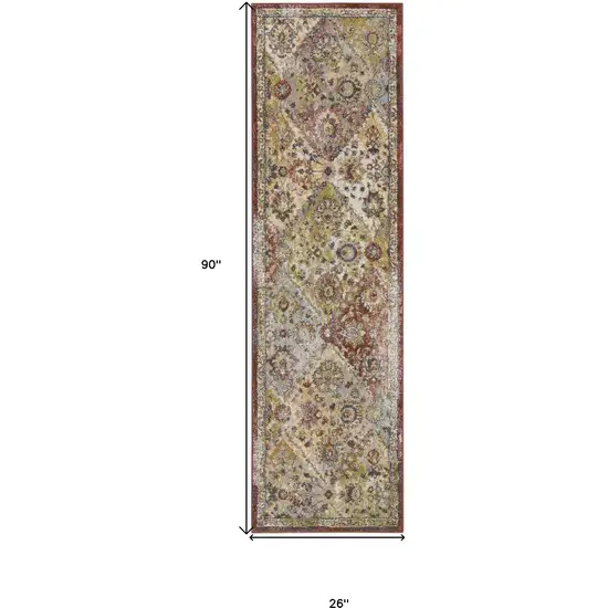 8' Green and Ivory Floral Distressed Runner Rug Photo 3