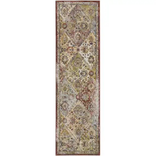 8' Green and Ivory Floral Distressed Runner Rug Photo 2