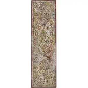 Photo of 8' Green and Ivory Floral Distressed Runner Rug