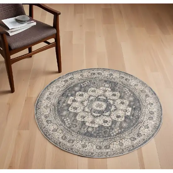 4' Grey And Ivory Round Oriental Power Loom Non Skid Area Rug Photo 1