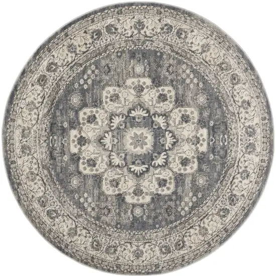 4' Grey And Ivory Round Oriental Power Loom Non Skid Area Rug Photo 2