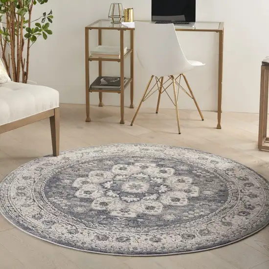 4' Grey And Ivory Round Oriental Power Loom Non Skid Area Rug Photo 8