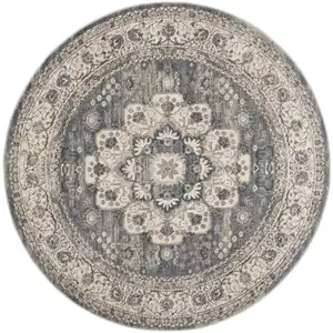 Photo of 5' Grey And Ivory Round Oriental Power Loom Non Skid Area Rug