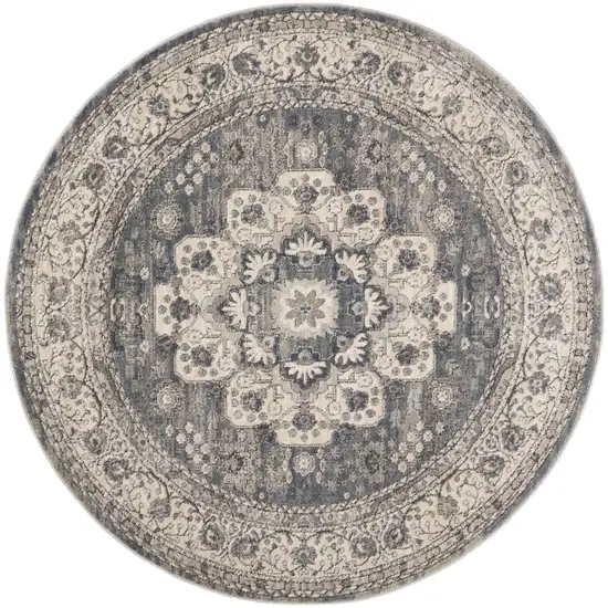 5' Grey And Ivory Round Oriental Power Loom Non Skid Area Rug Photo 1